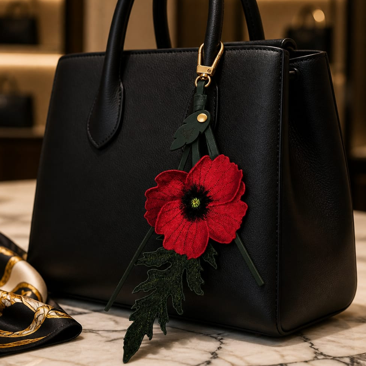 Charm Saisha. Amapola flor y hoja bordada.
