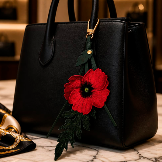 Charm Saisha. Amapola flor y hoja bordada.